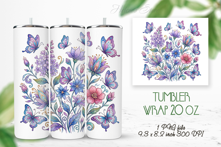 Fantasy floral meadow straight tumbler 20oz wrap design png