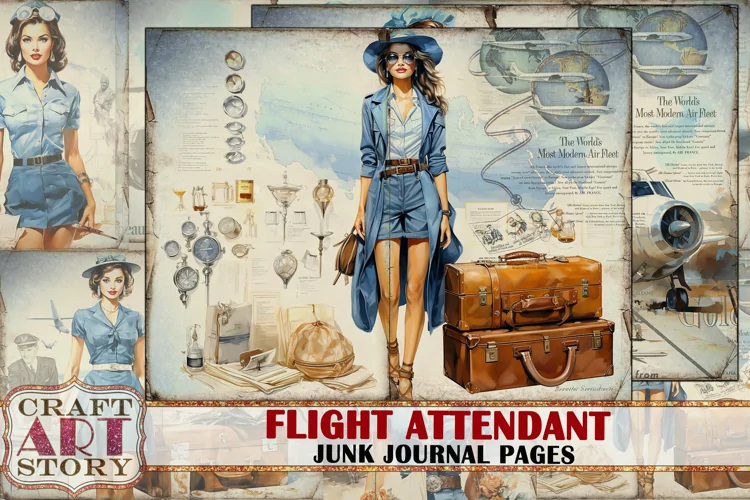 Vintage Flight attendant Junk Journal Kit, Collage Sheets