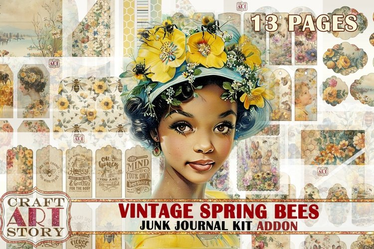 Vintage Spring bees Junk Journal Pages ADDON, printables example image 1