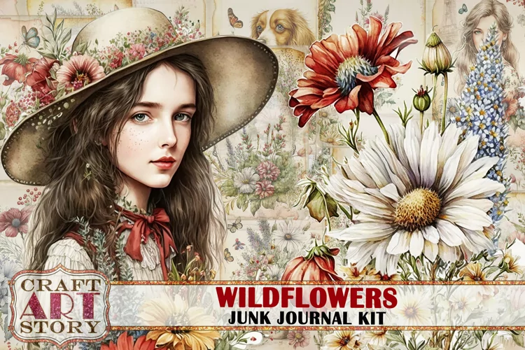 Wildflowers fantasy Junk Journal Pages, printables papers