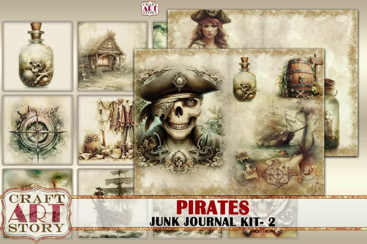 Pirates junk journal watercolor Kit-2,Pirate Collage fantasy