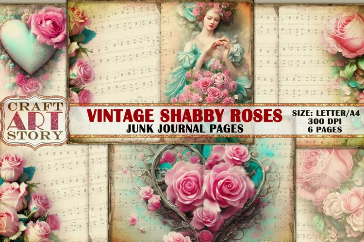Vintage Shabby chic digital roses,collage junk journal Pages
