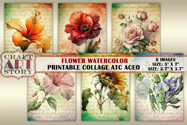 Shabby chic digital cards watercolor Flower Collage Sheet