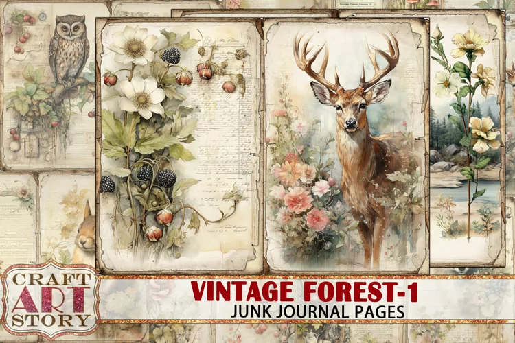 Vintage Forest nature Junk Journal picture collage,fantasy