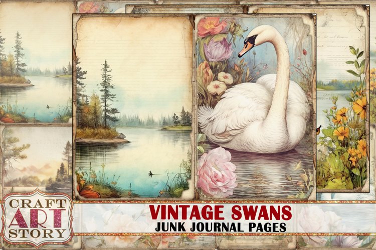 Vintage shabby swans Collage picture junk journal Pages