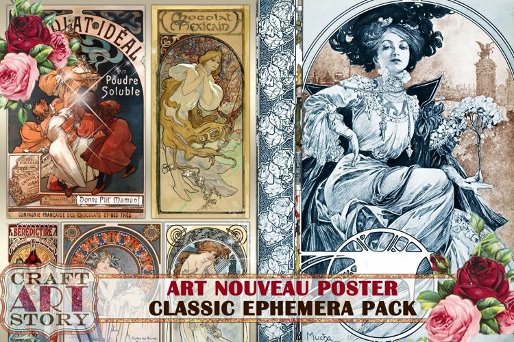 Art Nouveau Poster Ephemera Pack,Printable kit junk journal example image 1