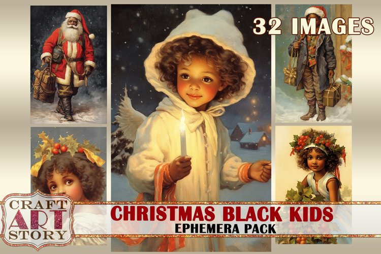 Vintage Christmas black Kids Ephemera Pack,Santa images