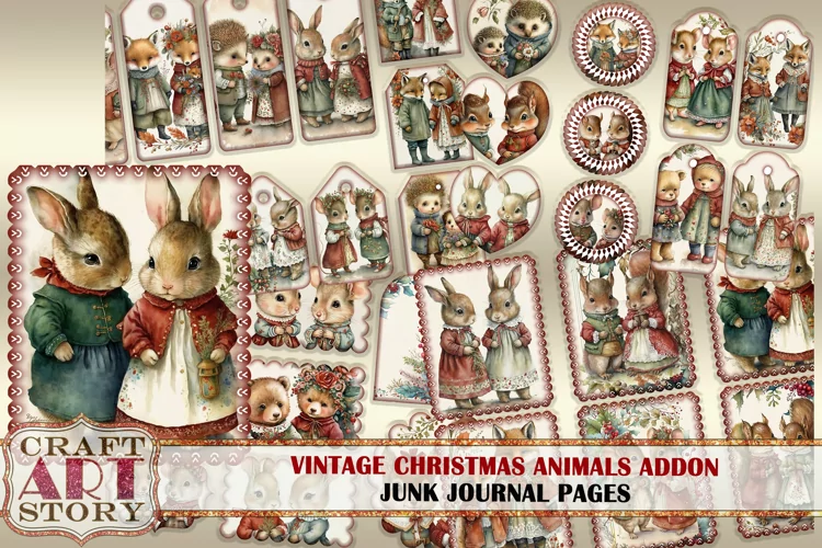 Christmas animals Junk Journal Kit ADDON,Printable Collage
