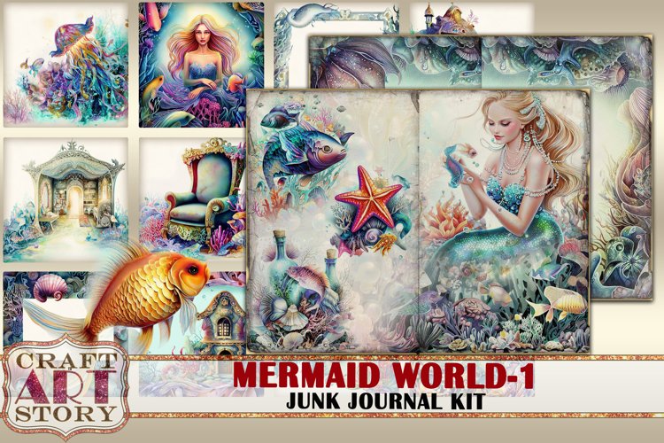 Mermaid world junk journal watercolor Kit-1,fantasy ocean example image 1