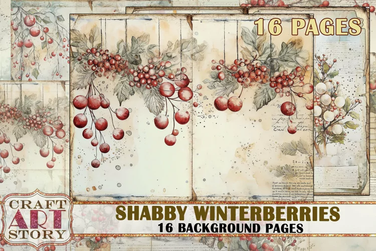 Shabby Winterberries Blank background junk journal Pages