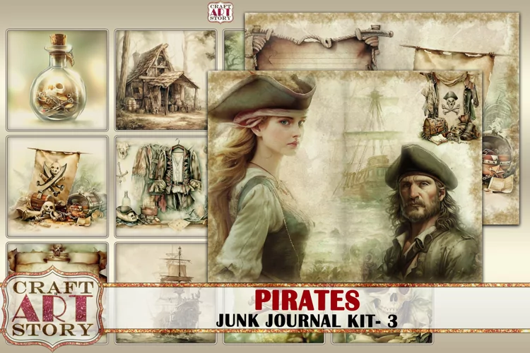 Pirates junk journal watercolor Kit-3,Pirate Collage fantasy