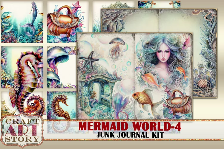 Mermaid world junk journal watercolor Kit-4,fantasy ocean