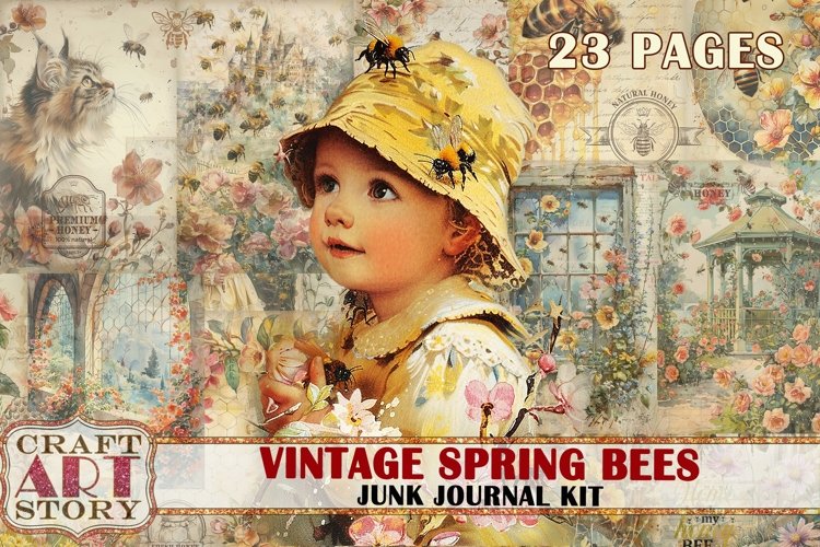 Vintage Spring bees Junk Journal Pages, digital papers