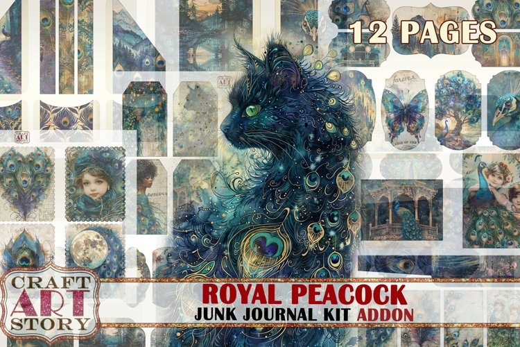 Royal peacock Junk Journal Kit ADDON, feathers peacock example image 1