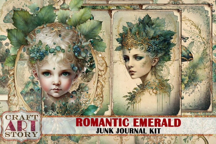 Romantic Emerald Junk Journal Pages,fairy emerald scrapbook example image 1