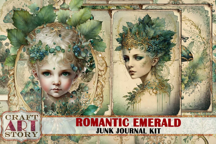 Romantic Emerald Junk Journal Pages,fairy emerald scrapbook