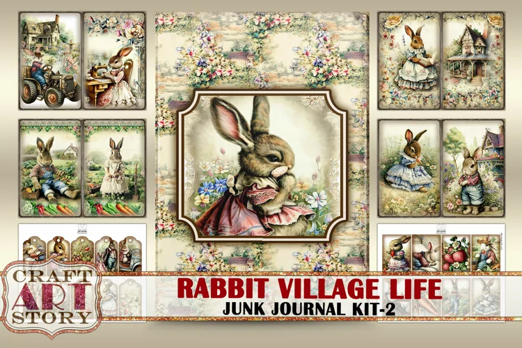 Vintage Bunny Collage Junk Journal Kit-2 Rabbit village life