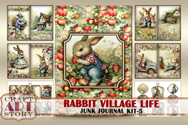 Vintage Bunny Collage Junk Journal Kit-5 Rabbit village life