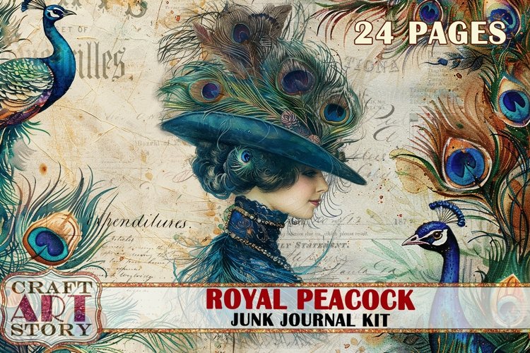 Royal peacock Junk Journal Kit, feathers peacock example image 1