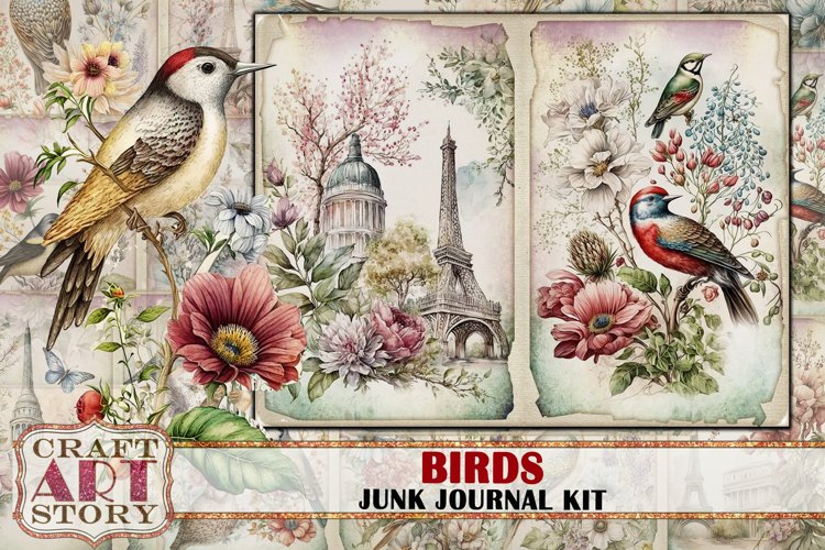 Birds flowers fantasy Junk Journal Pages, digital papers