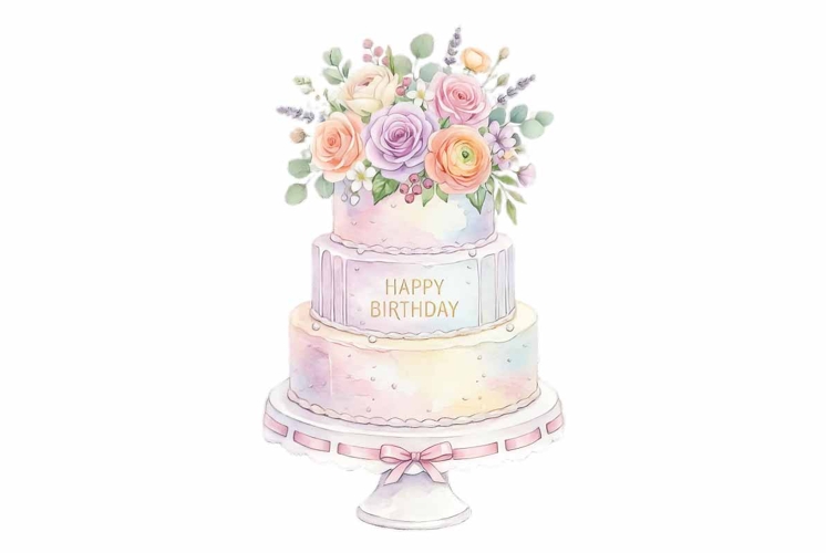 Watercolor celebration cake with pink frosting, fresh flower