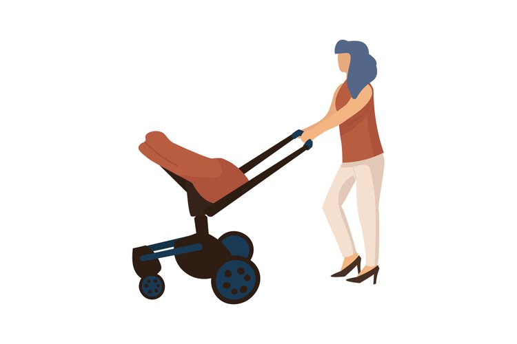 Mother walking with carriage. Cartoon woman carrying pram. B