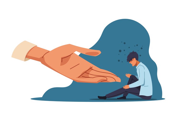Human help. Anxiety person in depression and supporting hand