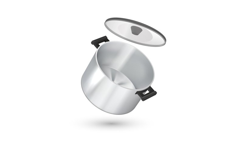 Realistic steel pan. Metallic saucepan with glass transparen