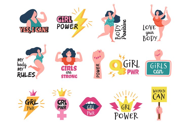 Girls badges. Feminist tags women powerful trendy sticker 80