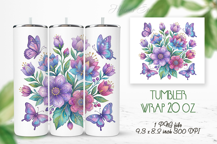 Fantasy floral meadow straight tumbler 20oz wrap design png