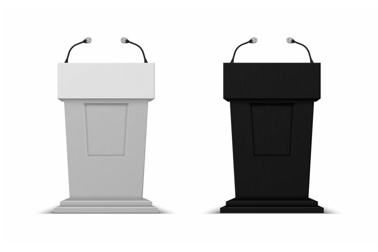 Debate stage with microphones. Vector 3D conference speech b example image 1