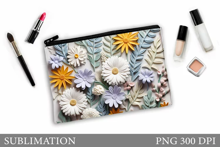 3D Flowers Makeup Bag Design. Floral Makeup Bag Sublimation