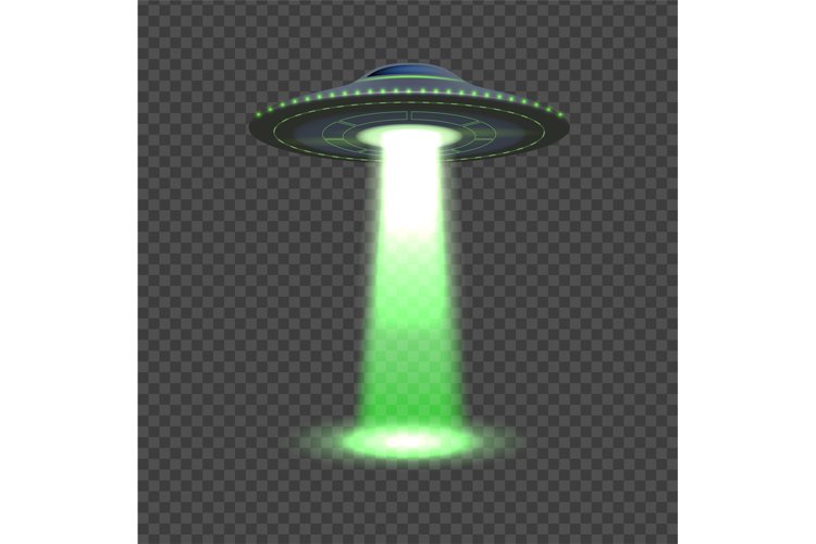 Aliens spaceship. UFO lights, 3d space object. Flying plate