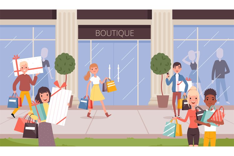 Buyers in mall. Fashion characters with bag walking near sto example image 1