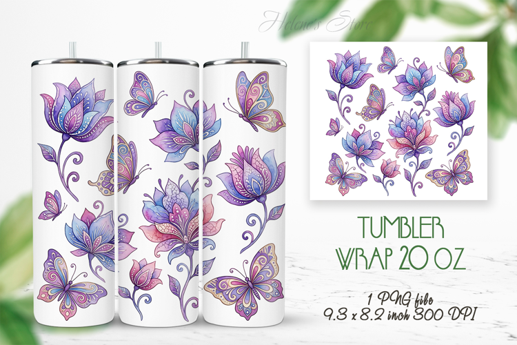 Fantasy floral meadow straight tumbler 20oz wrap design png