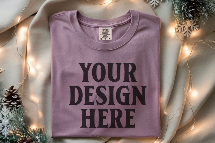 Orchid Comfort Colors 1717 Christmas Folded T-Shirt Mockup