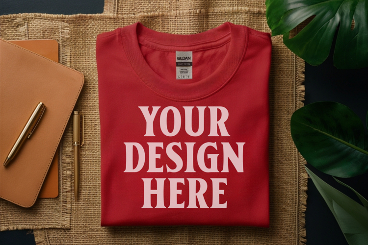 Red Gildan 5000 Flat Lay Tshirt Mockup, G5000 mockups
