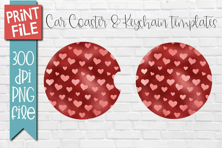 Hearts Car Coasters and Keychain Sublimation Design