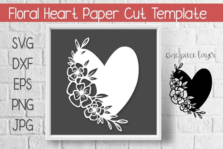 Heart with Floral Side Cutout Paper Cut Template example image 1