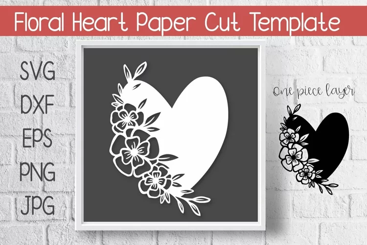 Heart with Floral Side Cutout Paper Cut Template