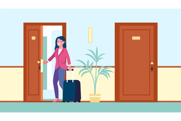 Woman tourist with suitcase walks into hotel room. Female op example image 1