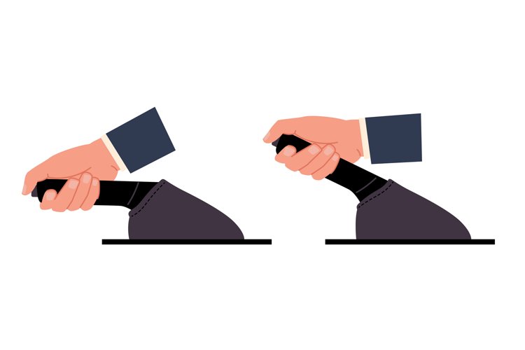 Hand presses and releases handbrake. Automobile parking brak example image 1