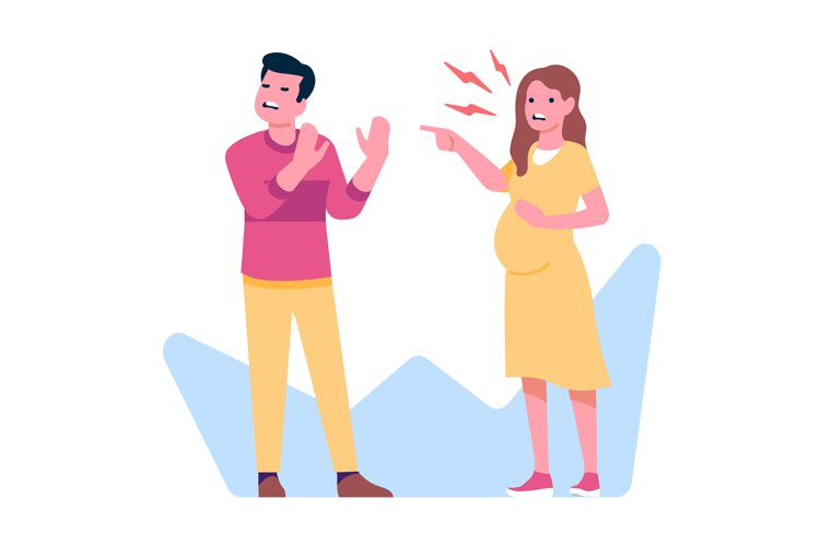 Married couple quarrels. Angry husband and irritated pregnan