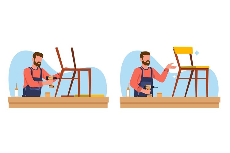 Male craftsman making chair, beginning of assembly and finis