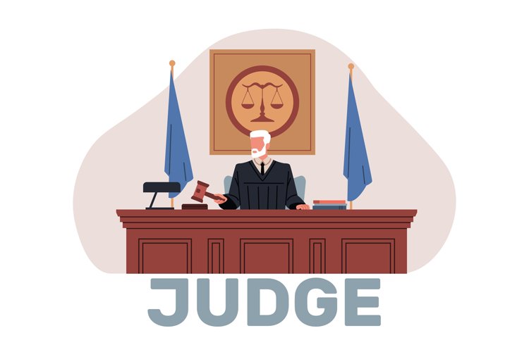 Judge in traditional black robe pronounces sentence. Man hol