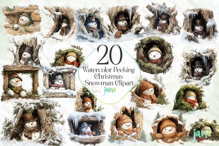 Watercolor Peeking Christmas Snowman Png