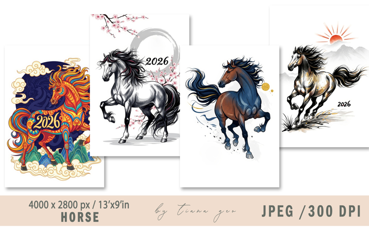 Horse symbol of 2026 year illustrations for posters- 4 Jpeg