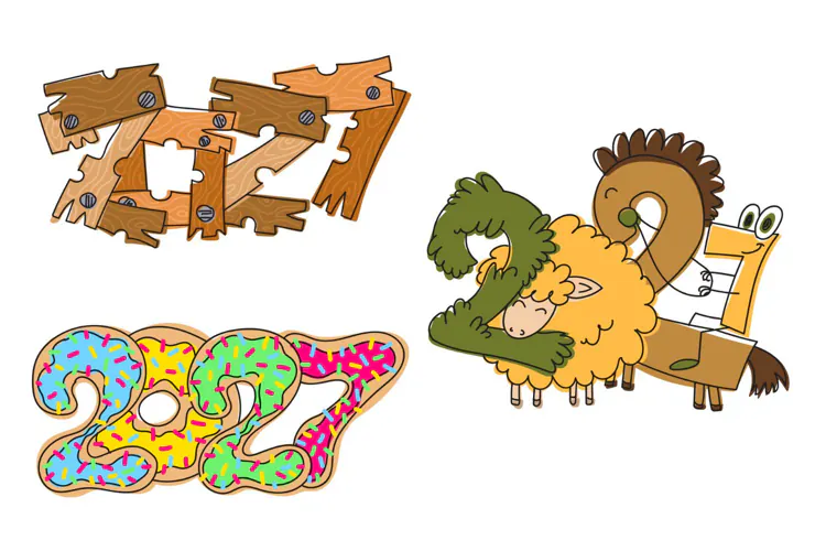 Creative 2027 New Year Numbers with Animals and Donuts