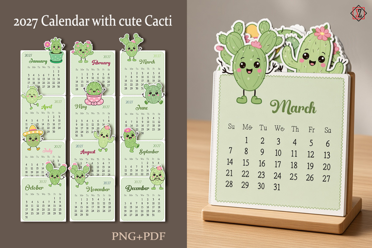 Desk Calendar "Cacti 2027" Print & Cut Template