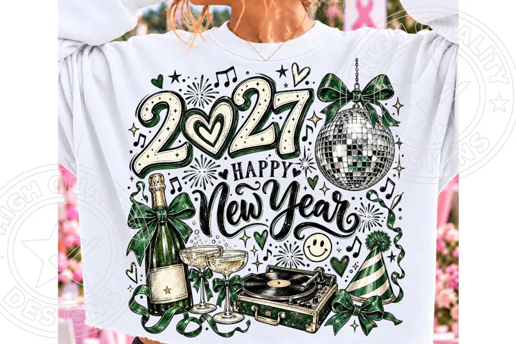 Happy New Year 2027 PNG, Retro Green Disco Ball Champagne Pa